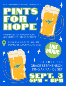 Blue poster promoting 'Pints for Hope' fundraiser with bold green-and-white text and a foamy beer mug illustration on the right.